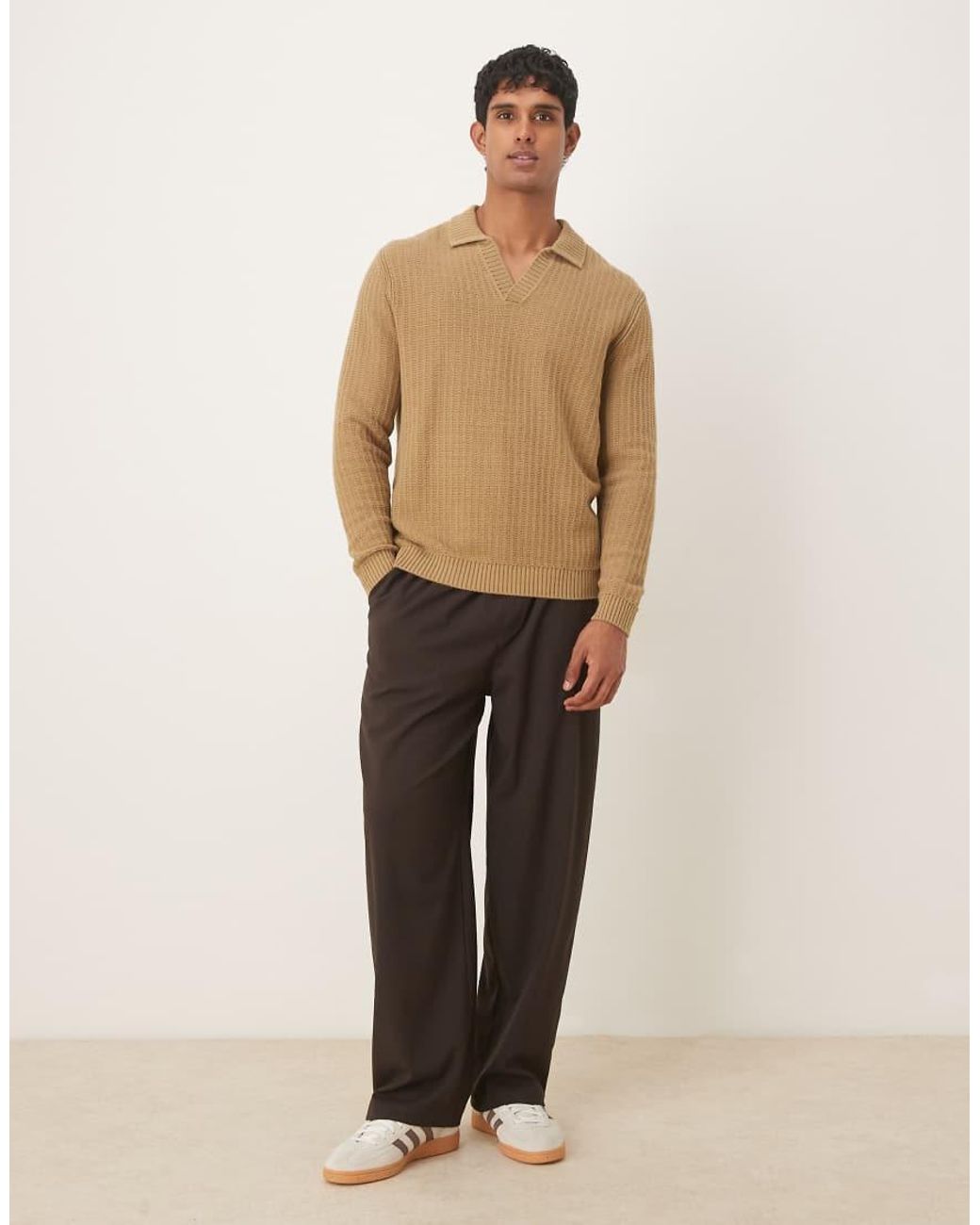 Mango Natural Knitted Open Collar Polo Shirt for men