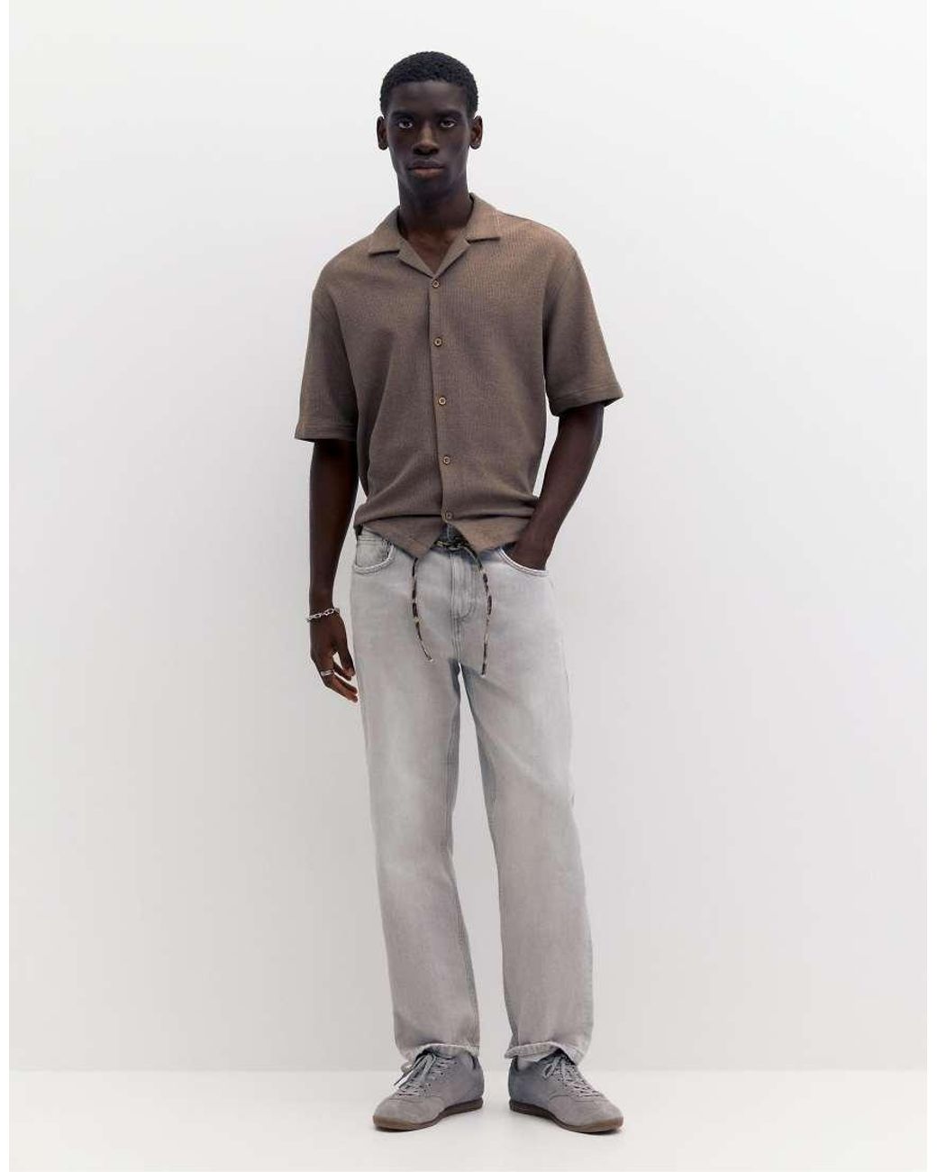 Pull&Bear Brown Terrycloth Short Sleeve Shirt for men