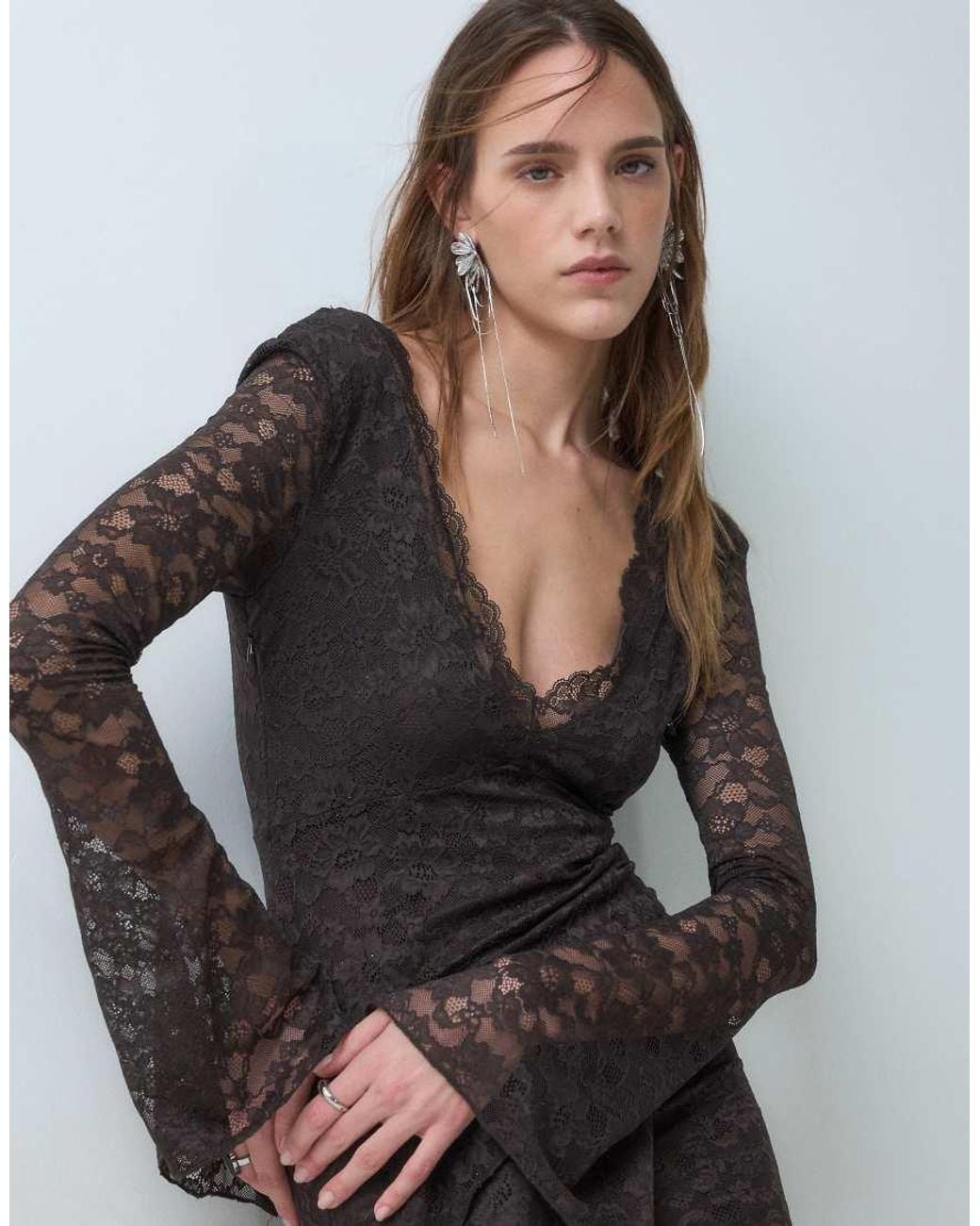 Monki Black Long Sleeve Fishtail Maxi Dress With Sheer Skirt