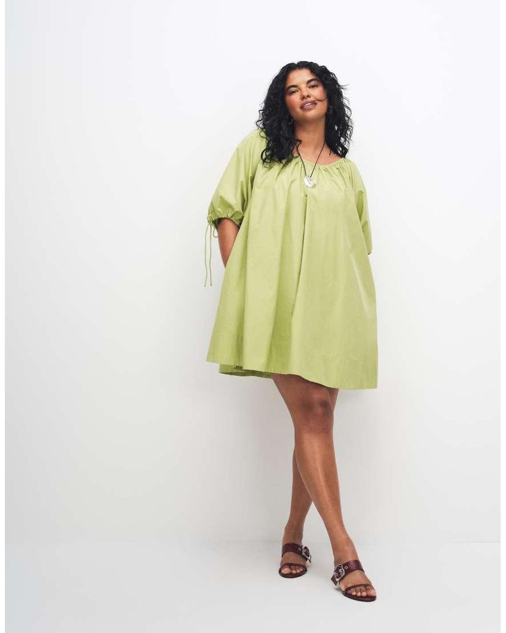 ASOS Green Asos Design Curve Scoop Neck Poplin Mini Dress With Tie Sleeves