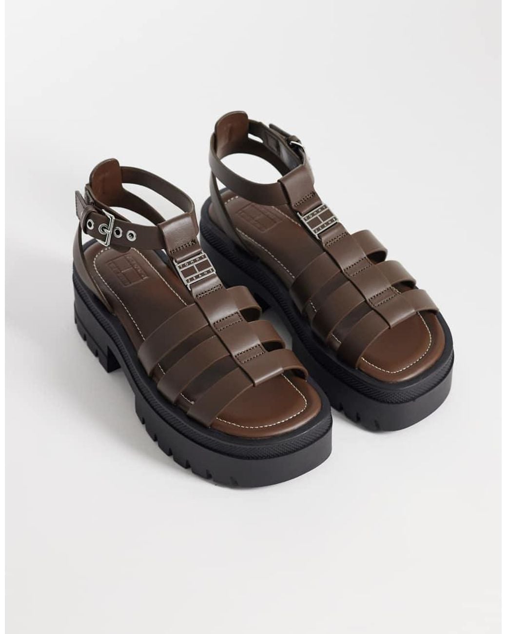 Tommy Hilfiger Brown Real Leather Chunky Sandals