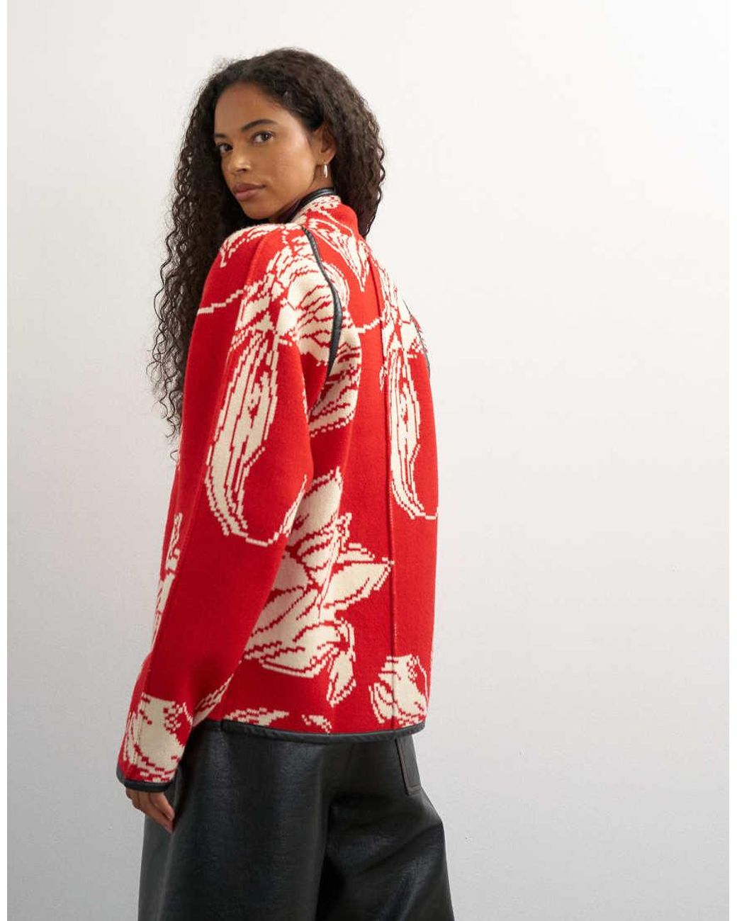 TOPSHOP Red Knitted Kimono Pu Trim Jacket