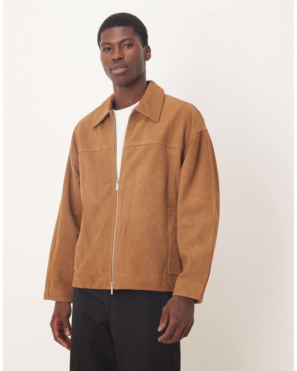 ジャケット・アウター HERMES suede leather ds knit green SELECTED 100% Leather Double Zip Suede Jacket in Natural for Men