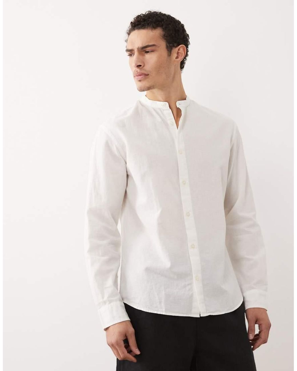 Jack & Jones White Linen Blend Shirt With Grandad Collar for men