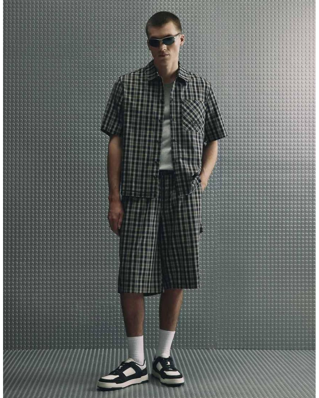 River Island Gray Boxy Fit Cotton Check Legacy Shirt for men
