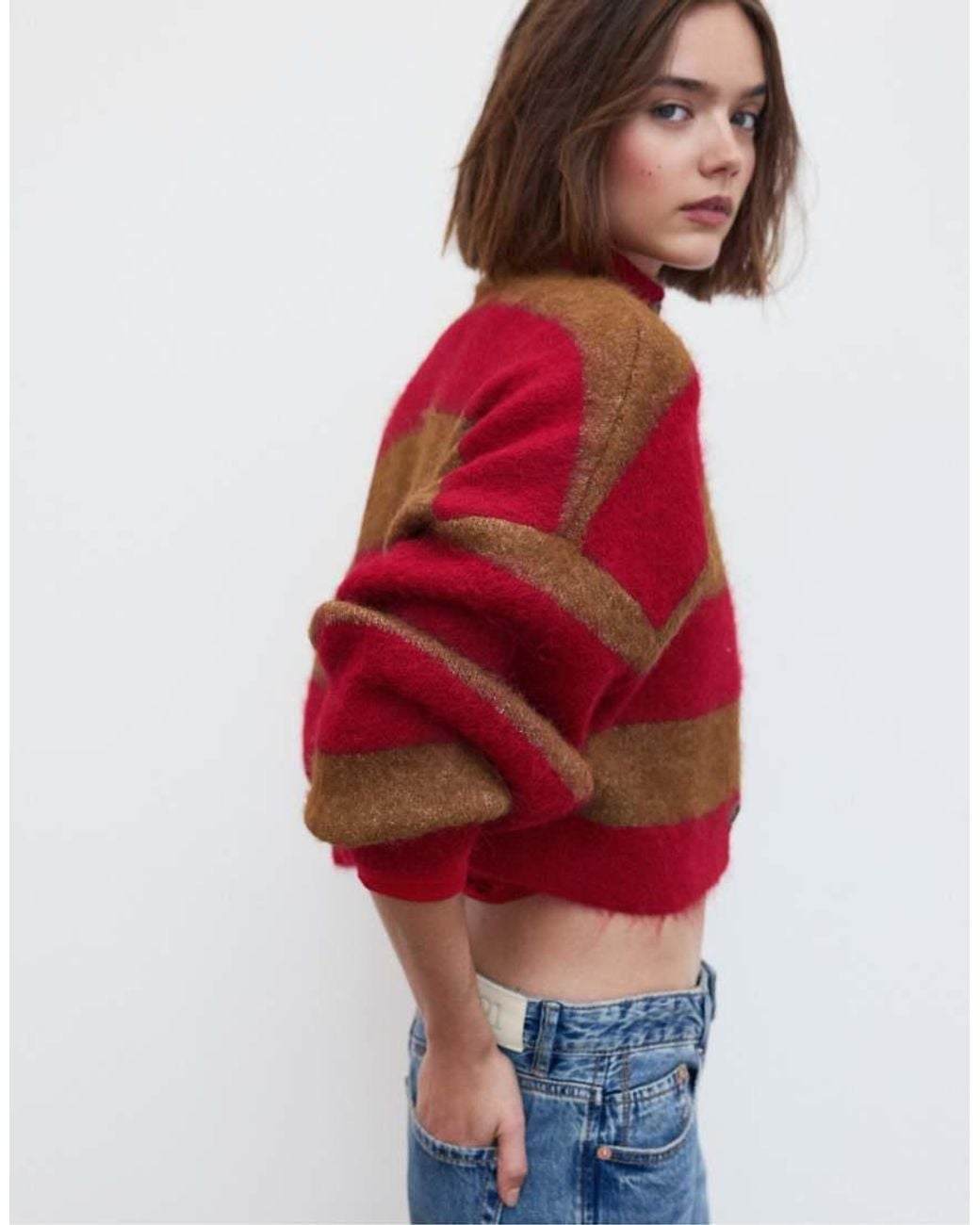 Stradivarius Blue Striped Funnel Neck Knit Cardigan
