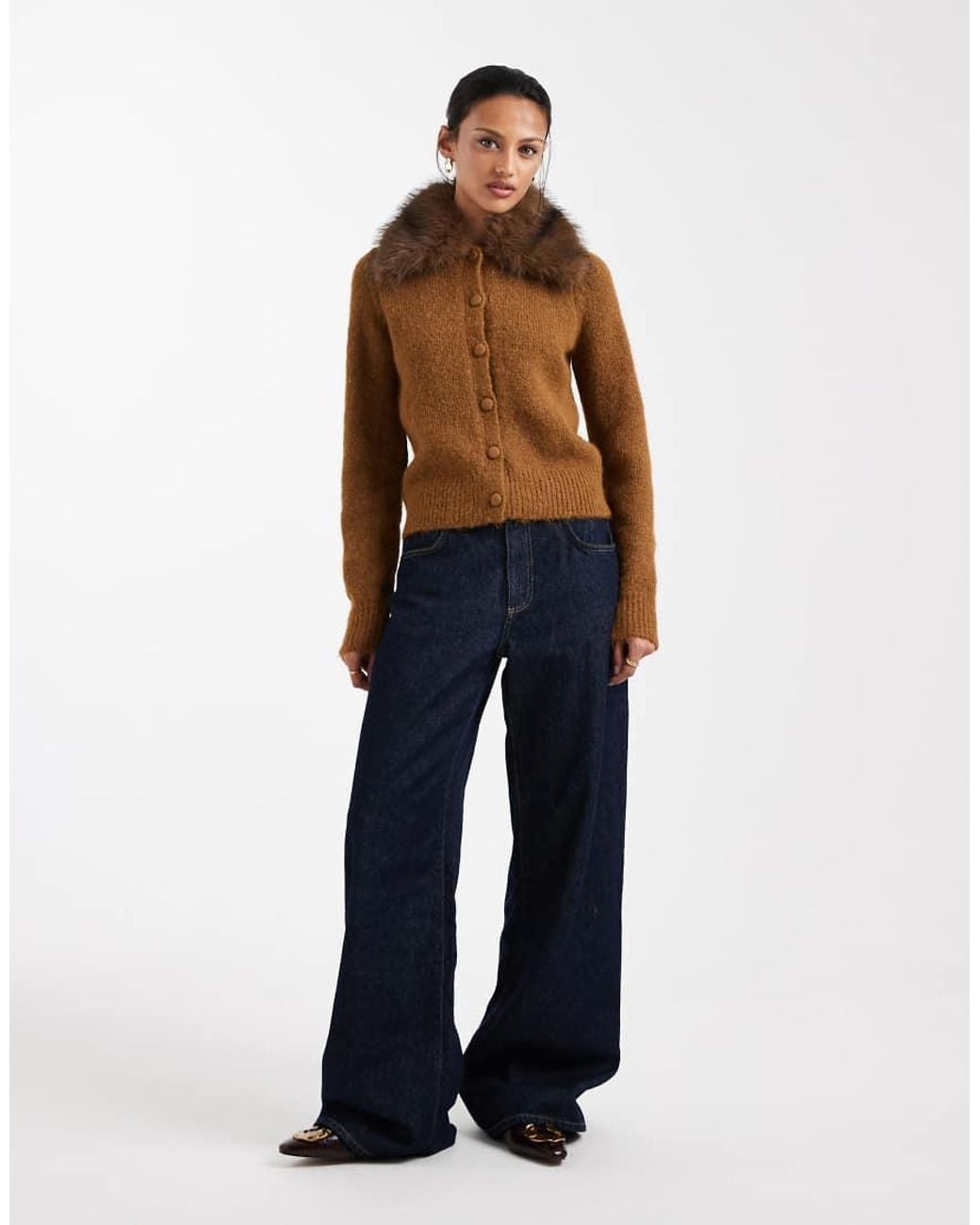 New Look Blue Faux Fur Collar Cardigan