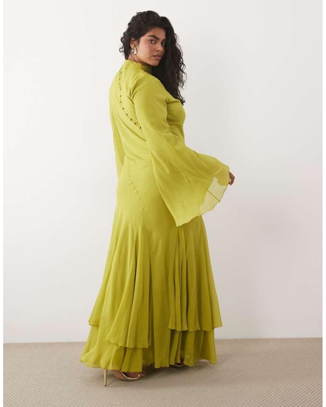 ASOS Yellow Asos Design Curve Long Sleeve High Neck Maxi Dress With Ruffle Godets And Flute Sleeves