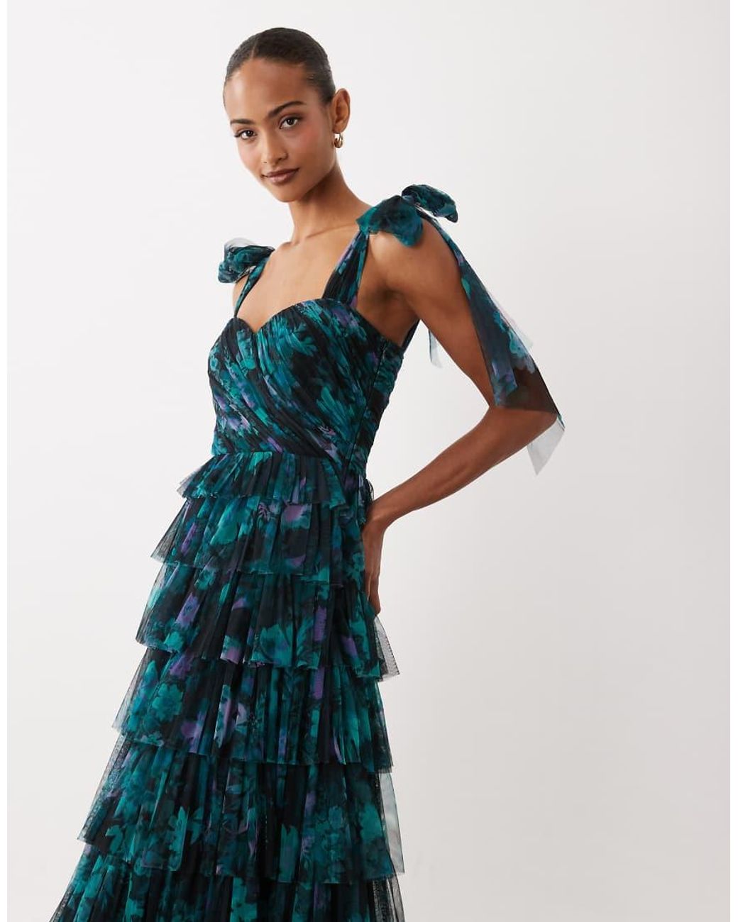 LACE & BEADS Blue Bridesmaid Tulle Bow Shoulder Maxi Dress
