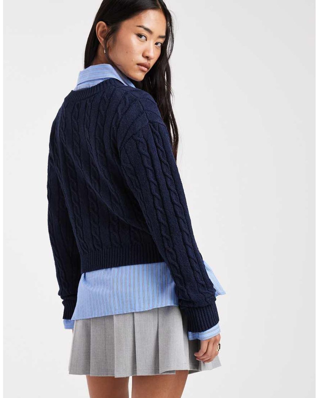 Cotton On Blue V Neck Cotton Cropped Cable Knit Pullover Sweater