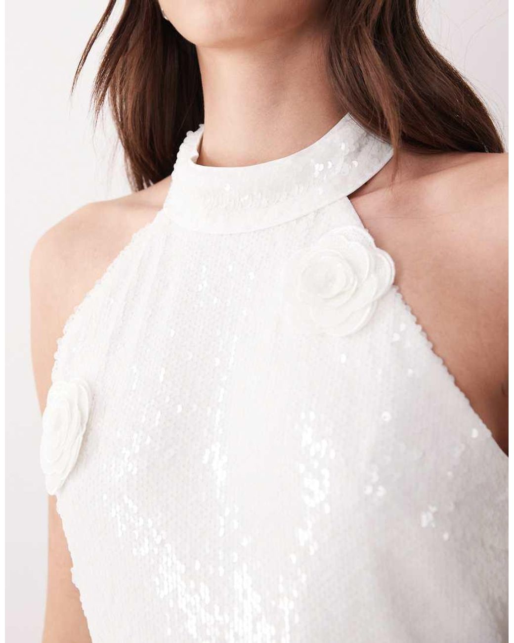 Y.A.S White Halter Neck Sequin Mini Dress With 3d Floral Applique