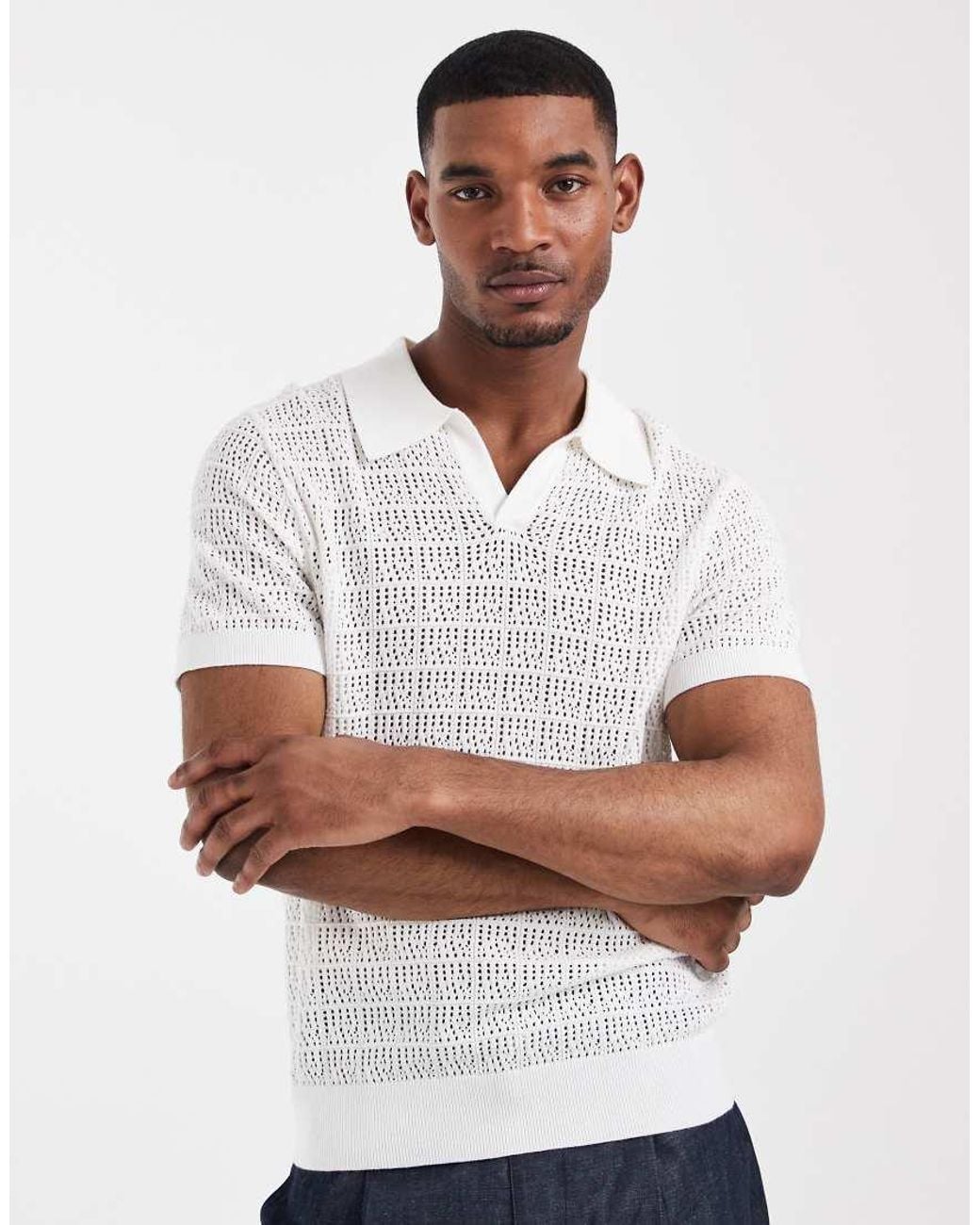 South Beach White Crochet Polo for men