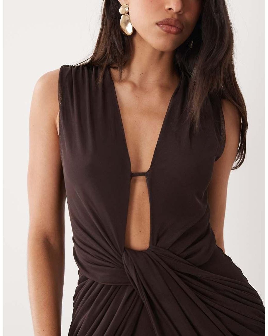 ASOS Brown Plunge Neck Gather Detail Mesh Maxi Dress