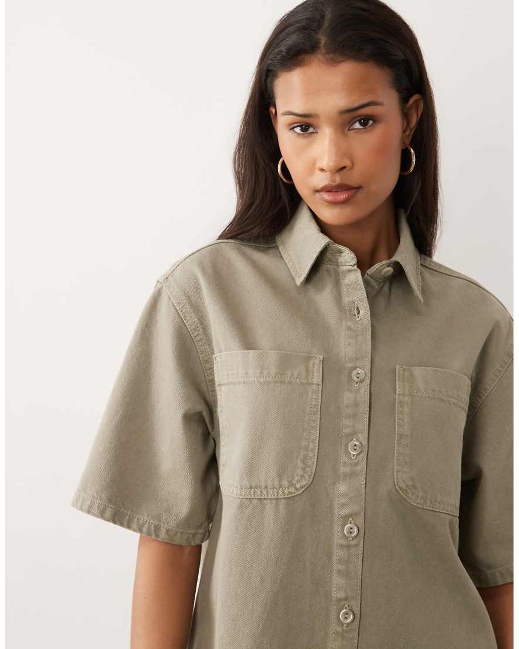 ASOS Natural Denim Boxy Shirt Dress With Pocket Detail