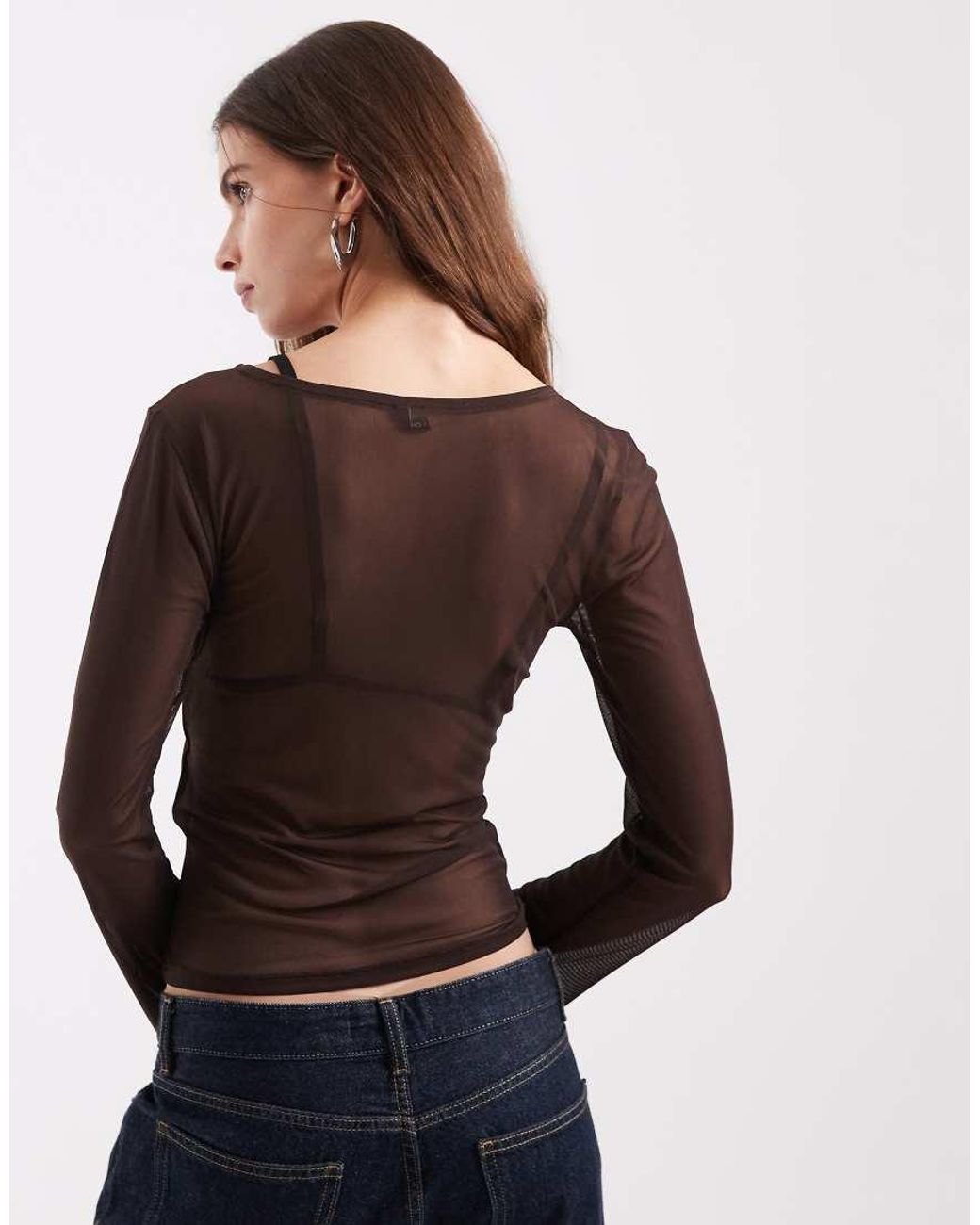 ONLY Brown Crew Neck Long Sleeve Mesh Top
