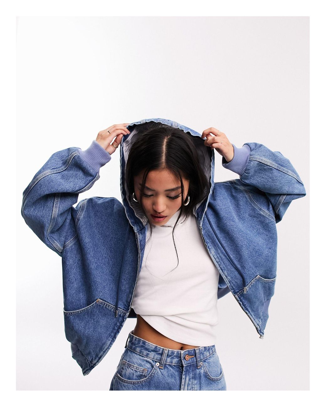 ASOS Denim Bomber Jacket With Hood in Blue Lyst