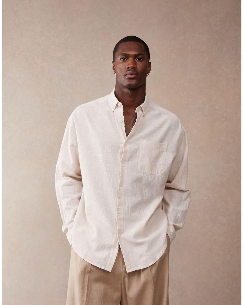 ASOS Natural 90s Oversized Linen Blend Shirt for men