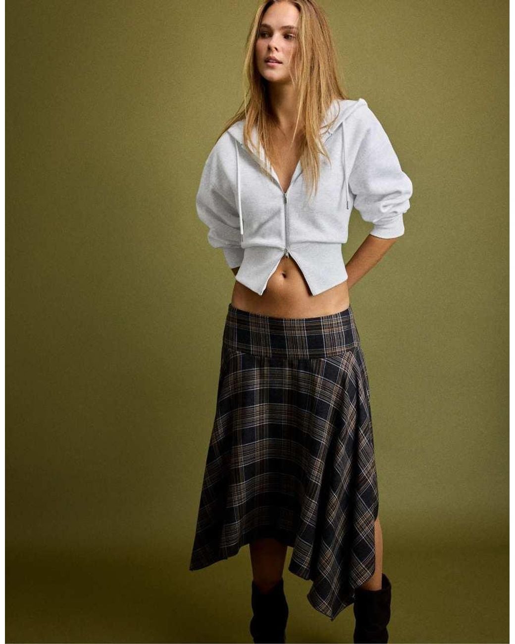 Stradivarius Green Checked Midi Skirt With Pointed Hem