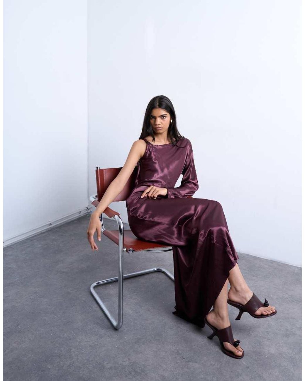 TOPSHOP Purple One Sleeve Twist Strap Satin Maxi Dress
