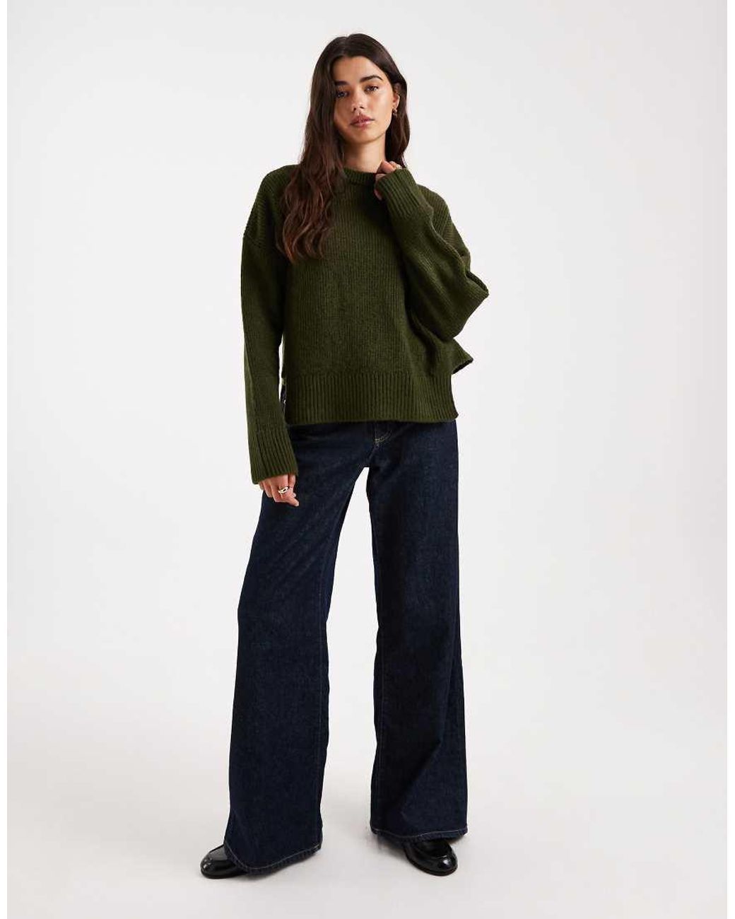 ASOS Green Knitted Crew Neck Jumper With Step Hem