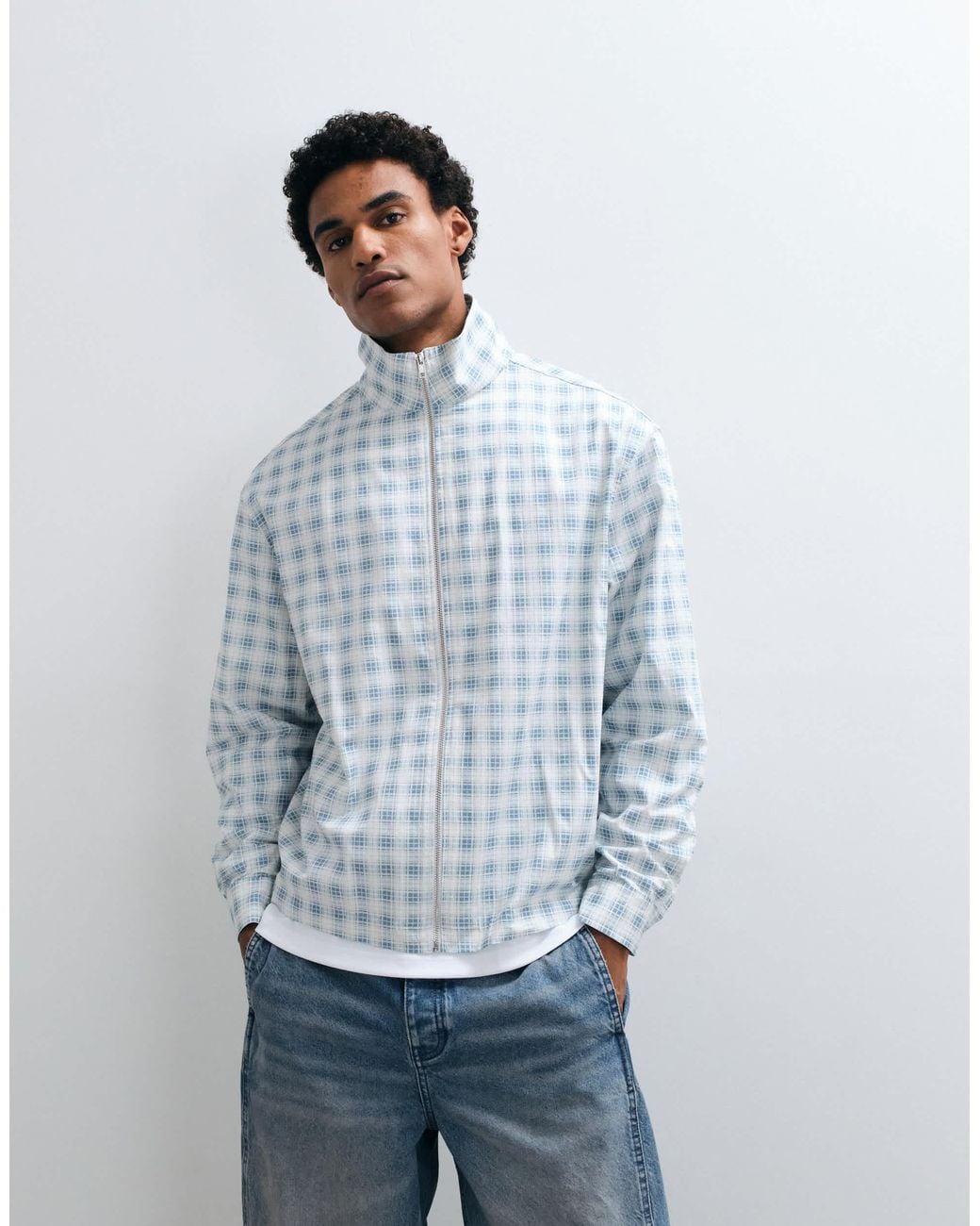 ASOS Blue Boxy Oversized Zip Through Funnel Neck Jacket for men