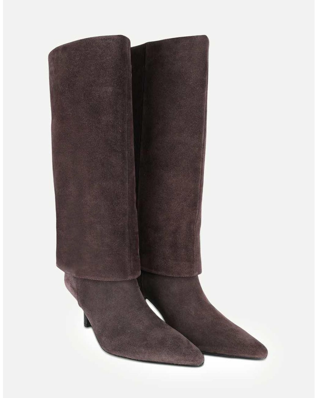 OFF THE HOOK Brown Electra Suede Fold-Over Knee-High Stiletto Boots