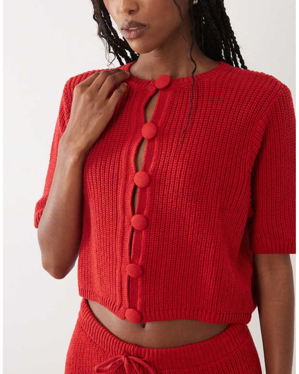 ASOS Red Knitted Cotton Blend Cardigan Co-ord