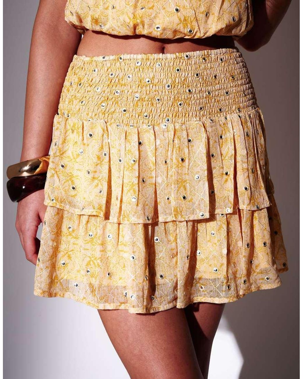South Beach Yellow Embroidered Mirror Detail Frill Mini Skirt