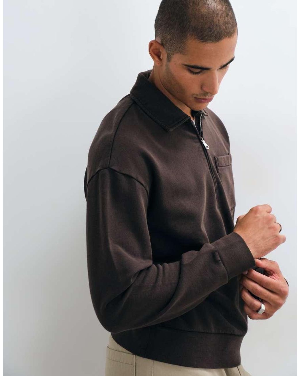 Farah Black Bellvue Half Zip Garment Dye Pocket Logo Polo for men