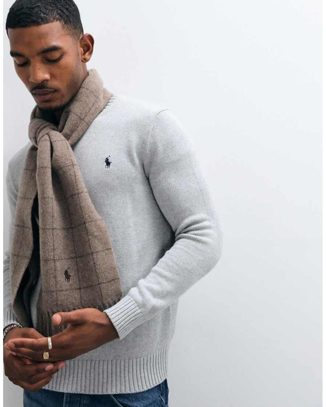 Polo Ralph Lauren Gray Icon Logo Check Print Scarf for men