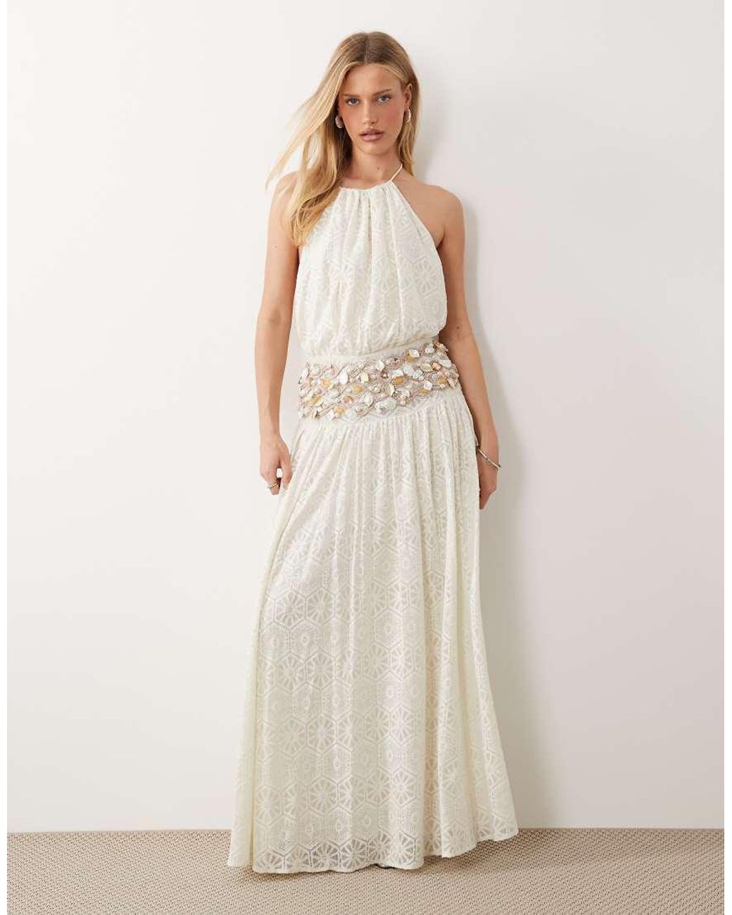 ASOS Natural Crochet Maxi Dress With Embellished Waist Detail