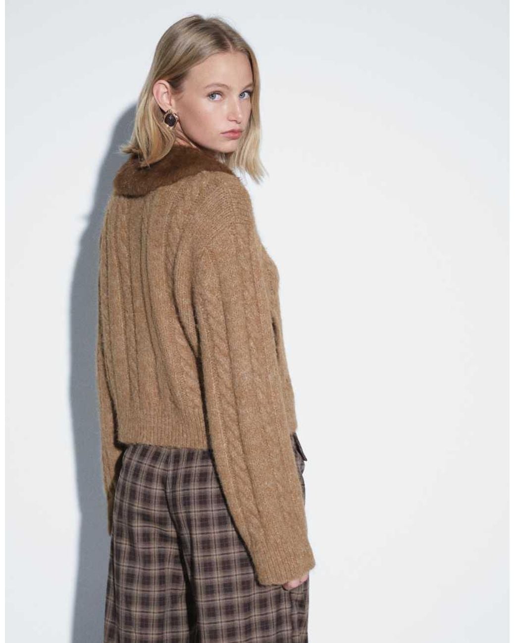 Monki Blue Detachable Fur Collar Cable Knit Jacket