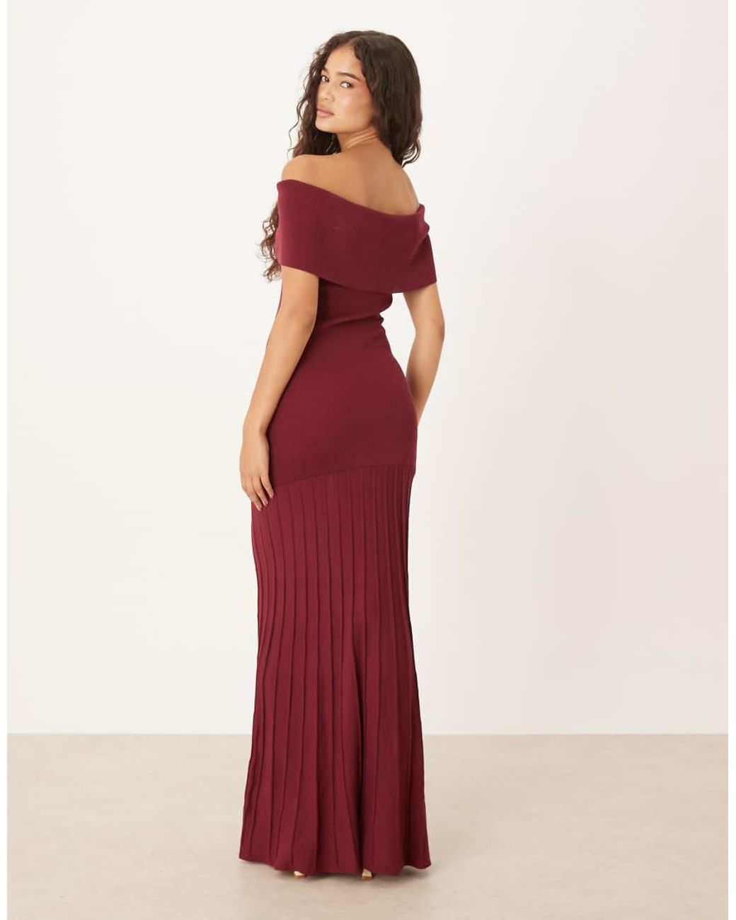 Pretty Lavish Red Off The Shoulder Knitted Maxi Dress With Pleated Skirt