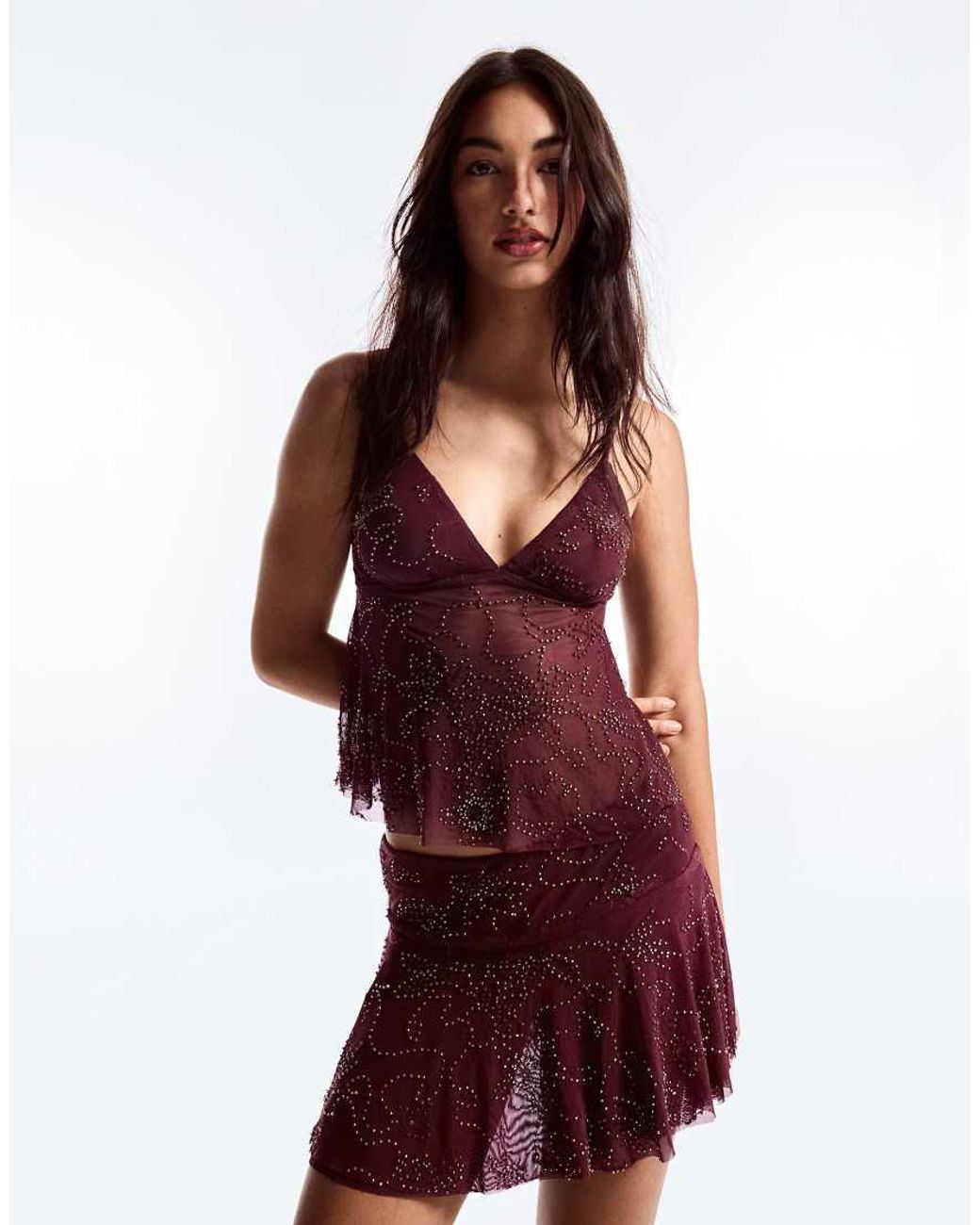 Bershka Red Embroide Ruffle Mini Skirt