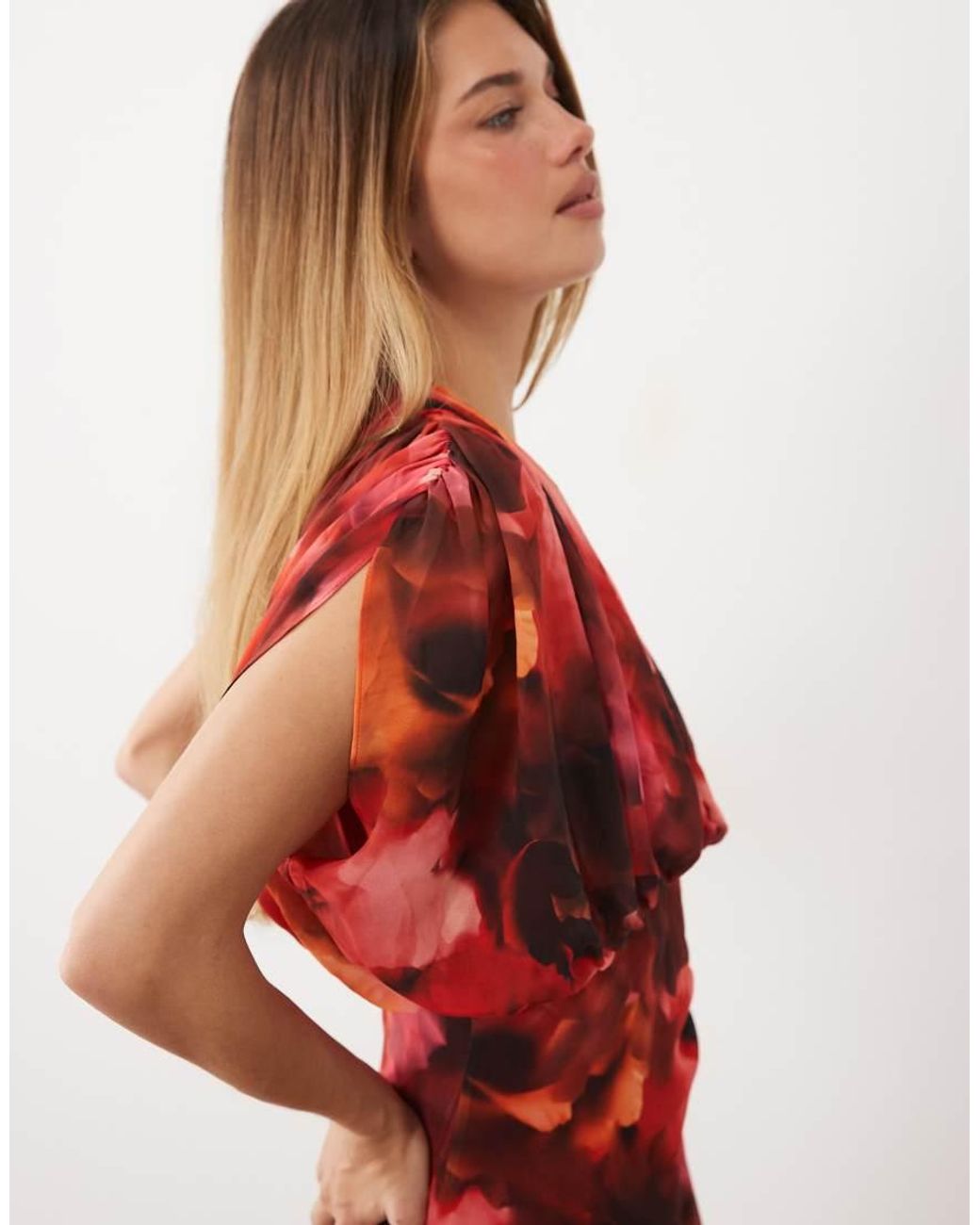 TFNC London Red Chiffon One Shoulder Draped Maxi Dress