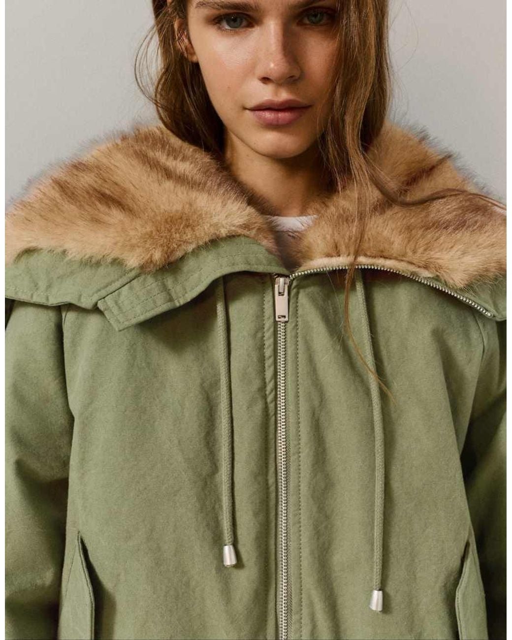 Pull&Bear Green Parka With Faux Fur Collar
