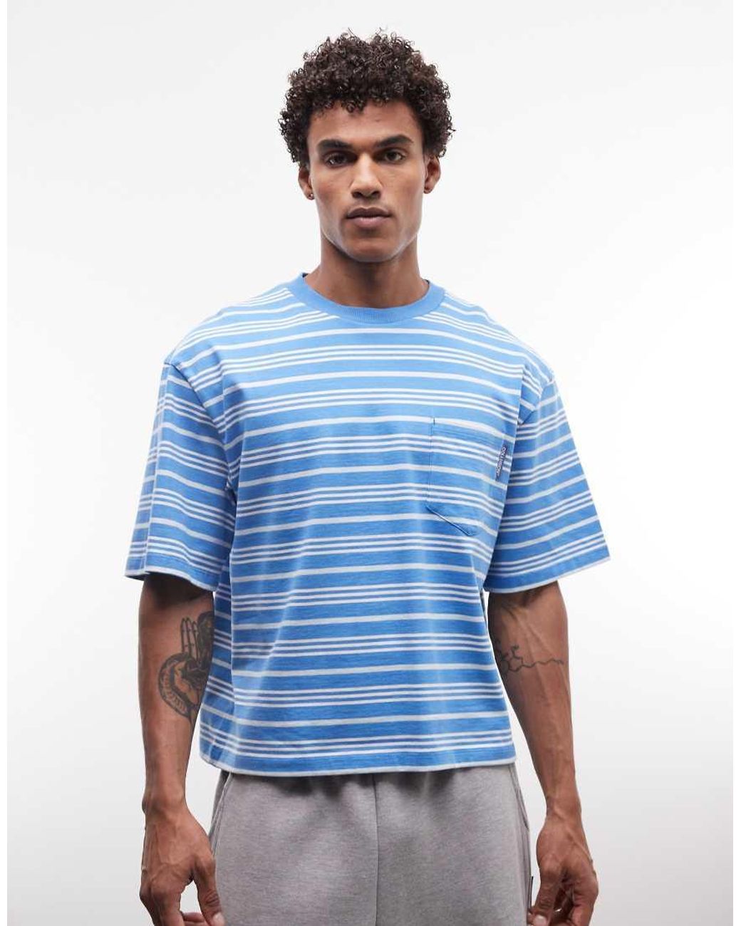 Collusion Blue Striped T-shirt With Pocket Detail for men