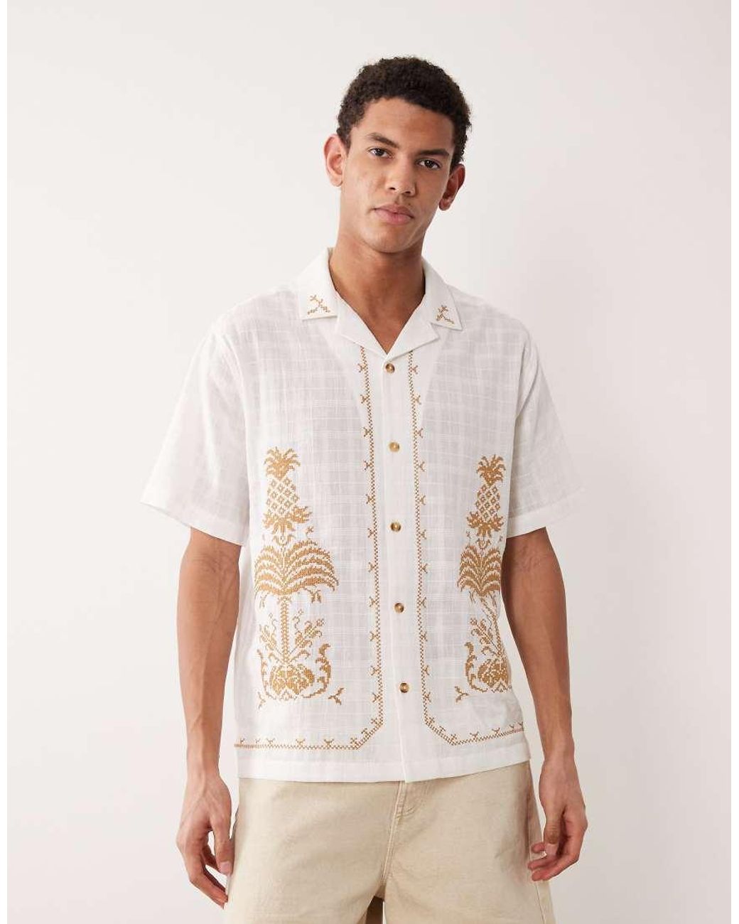 ASOS White Relaxed Textured Shirt With Embroidery for men