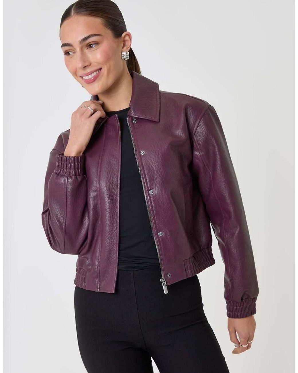 Threadbare Purple Faux Leather Collared Bomber Jacket