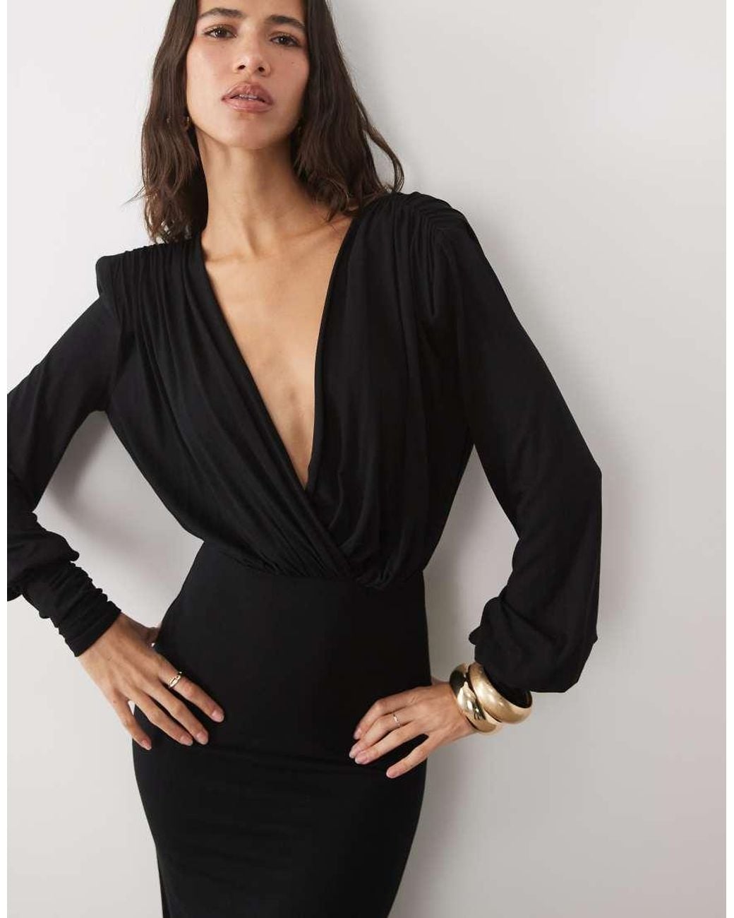 ASOS Black Long Sleeve Deep Plunge Maxi Dress With Shoulder Pads