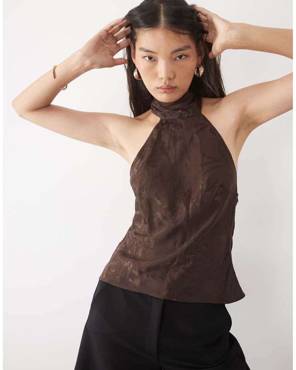 ASOS Black Satin Jaquard High Neck Top With Fringe Detail