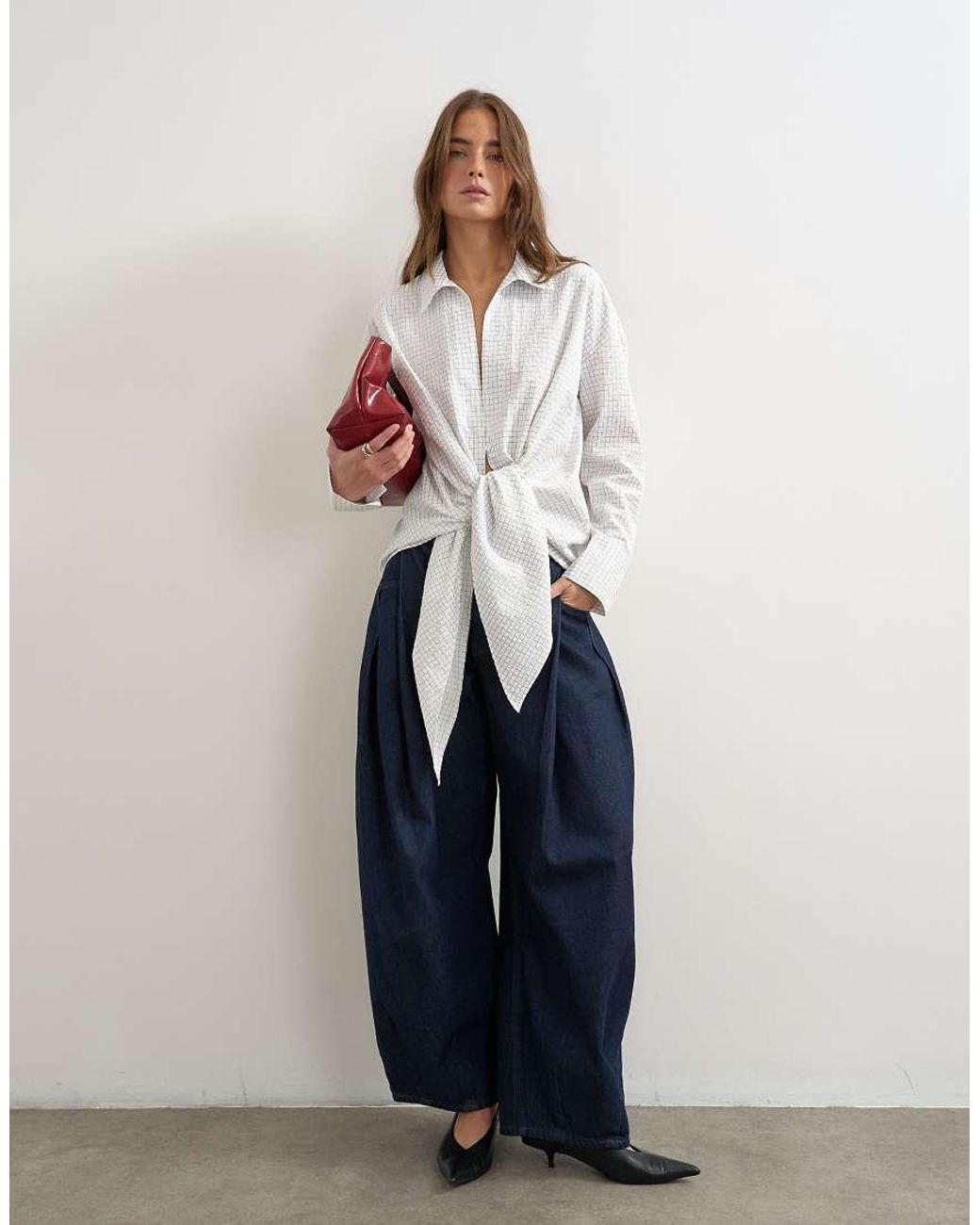 TOPSHOP Blue Tie Detail Check Shirt