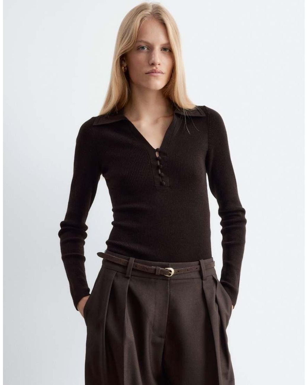 & Other Stories Black 100% Wool Slim Fit Collared Top With Fabric Covered Buttons