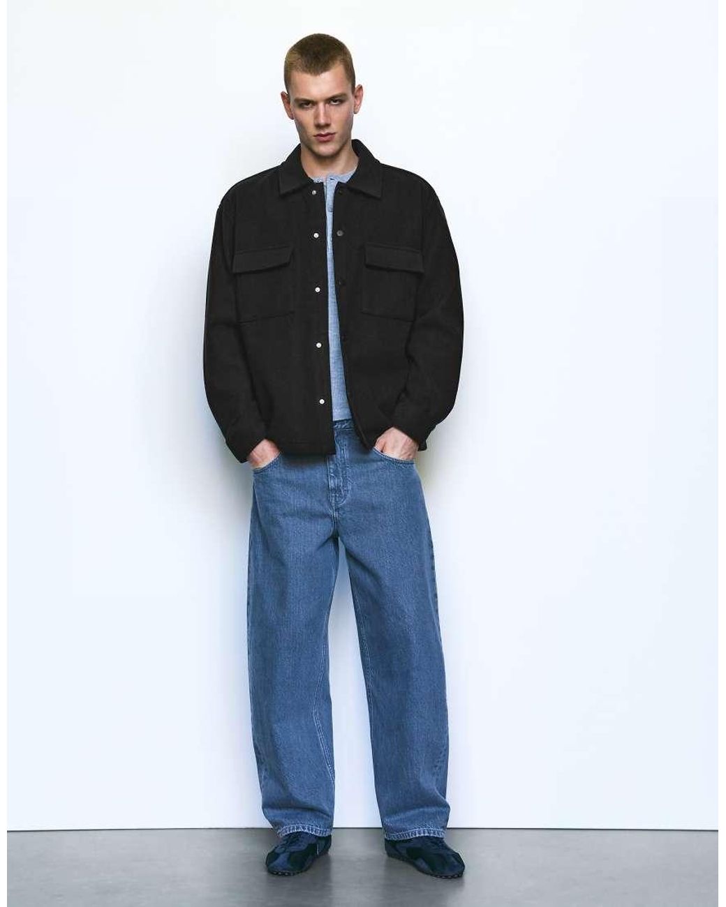 Pull&Bear Black Long Sleeve Overshirt for men
