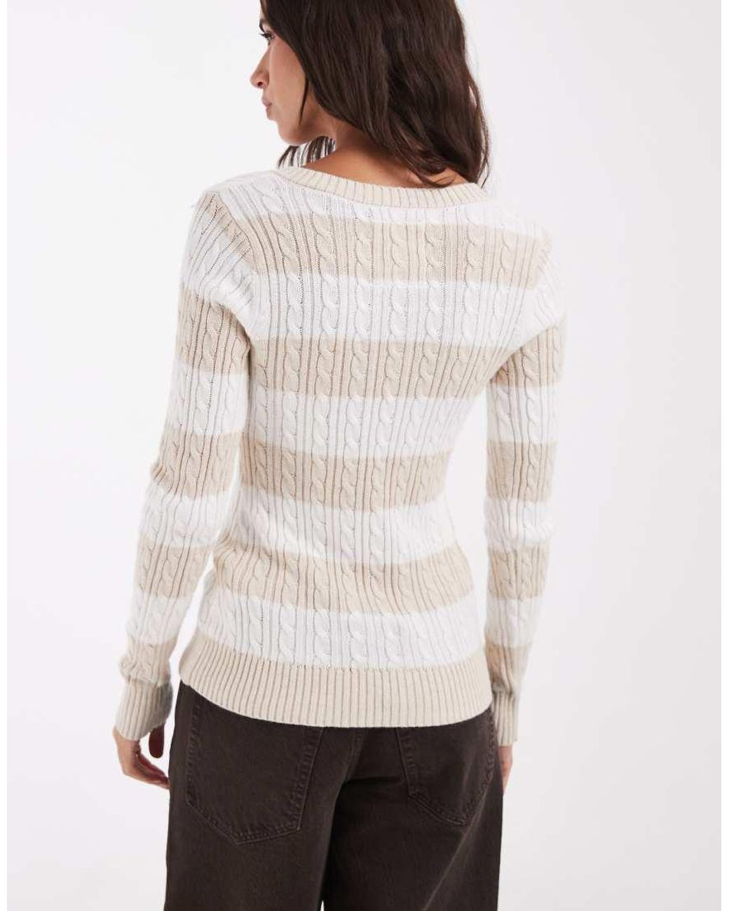 Hollister White Fitted Cable Knit V Neck Jumper