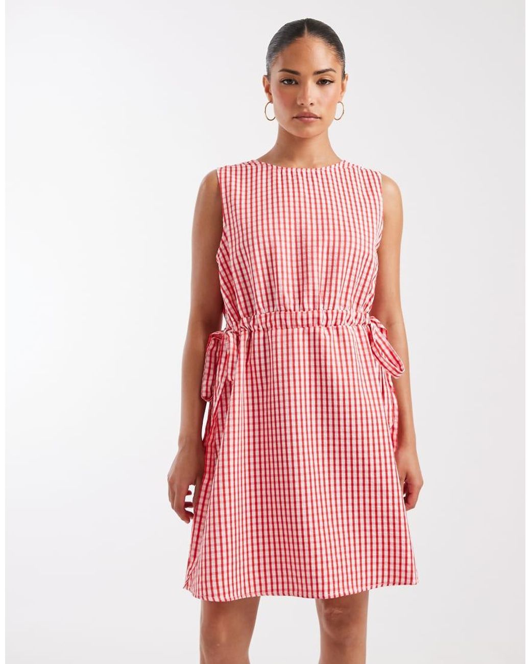 Vero Moda Red Sleeveless Bow Tie Side Seersucker Mini Dress