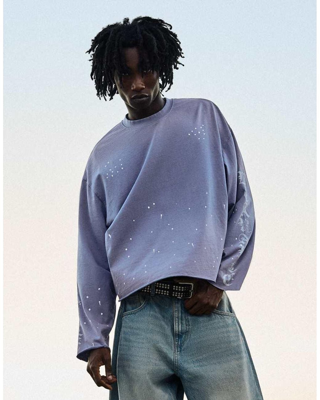 Bershka Blue Boxy Print Long Sleeve T-shirt for men
