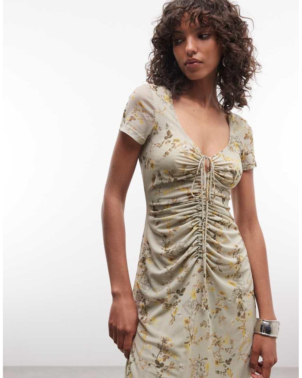 AllSaints Natural Gabby Short Sleeve Gathered Floral Mesh Midi Dress