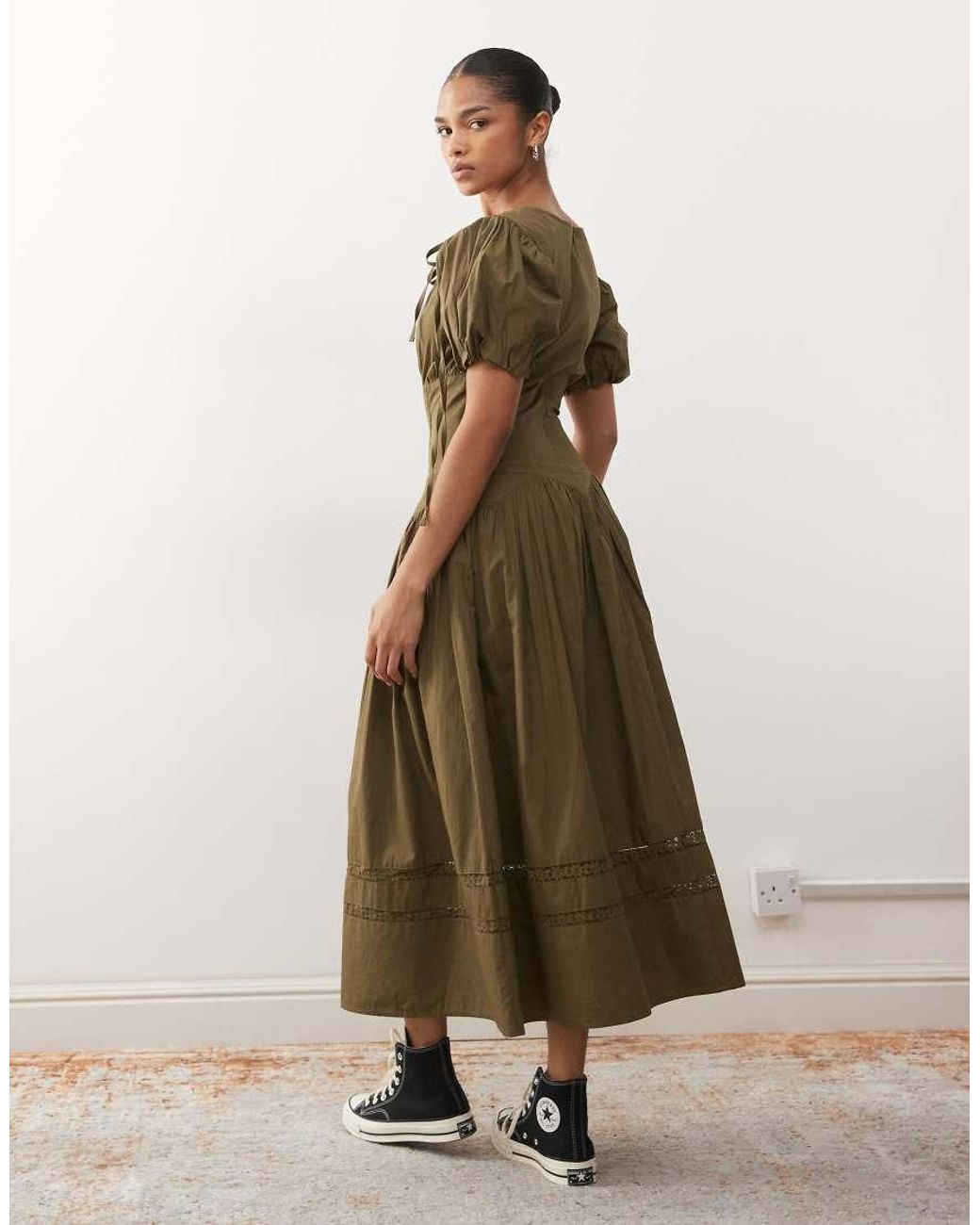 Reclaimed Vintage Natural Midi Dress With Puff Sleeves And Tie Front Detail