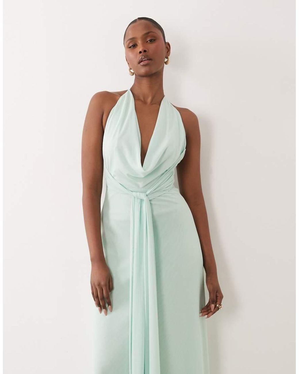 TFNC London Blue Mesh Cami Halter Backless Maxi Dress